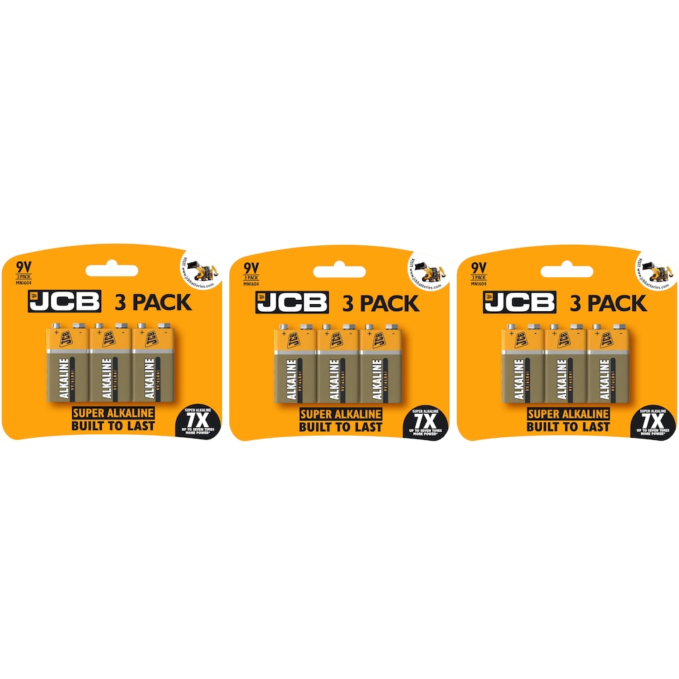 3x JCB 9V Alkaline Batteries - Pack of 3 | Multi | 9V | 3