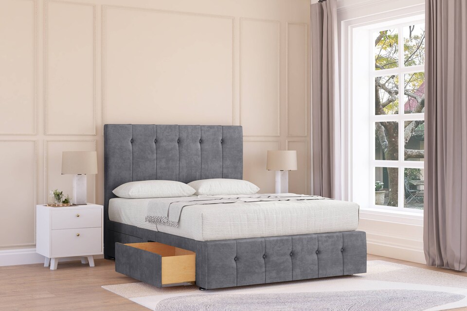 image 1 of Sloomy Cambridge Armour Coniston Divan Bed Base 2 Drawers Left Side With 54 Inch Floor Standing Headboard & 12 Inch Matching Footboard | Grey | Armour | Double | 1