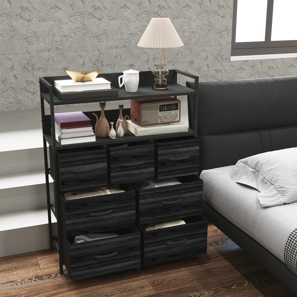 image 1 of HOMCOM Bedroom Chest of Drawers, Fabric Dresser with 7 Drawers, Storage Organiser Unit with Open Shelves and Metal Frame for Living Room, Entryway, Black | Black | Black