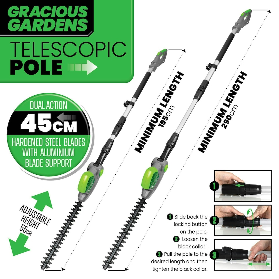 image 1 of Gracious Gardens 550W 2.5m Electric Long Reach Hedge Trimmer | Green | Green | 1