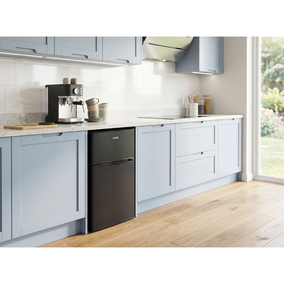 image 1 of HYE 86L Under Counter Fridge Freezer, Freestanding, 49cm, Black - RF01UCFF85B13
