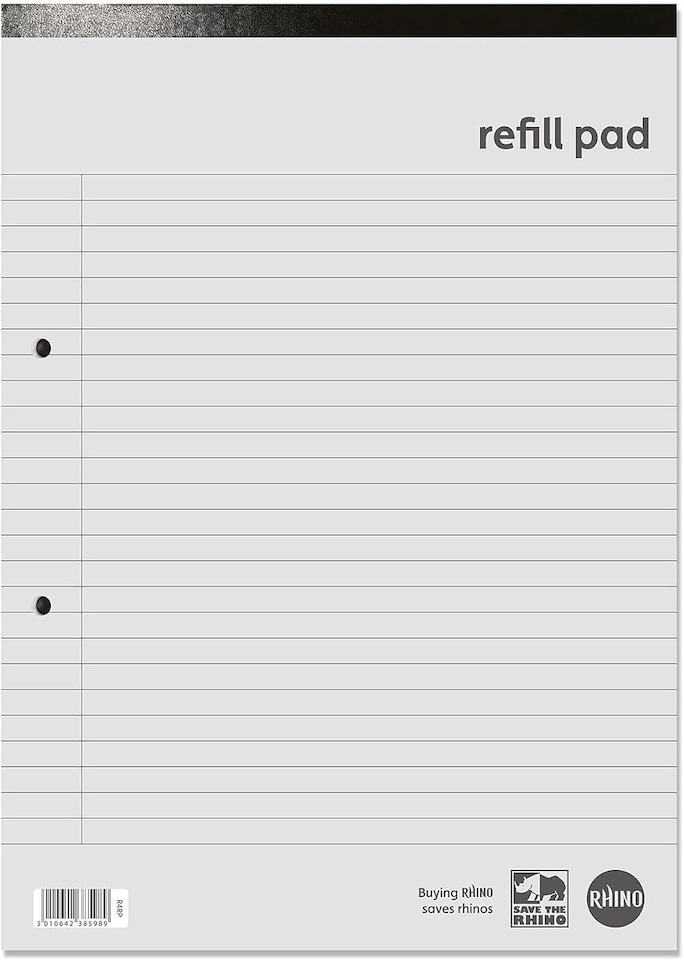 image 1 of Rhino 160 Page 8mm Lined Hole Punched Refill Pad White A4 1 Pack