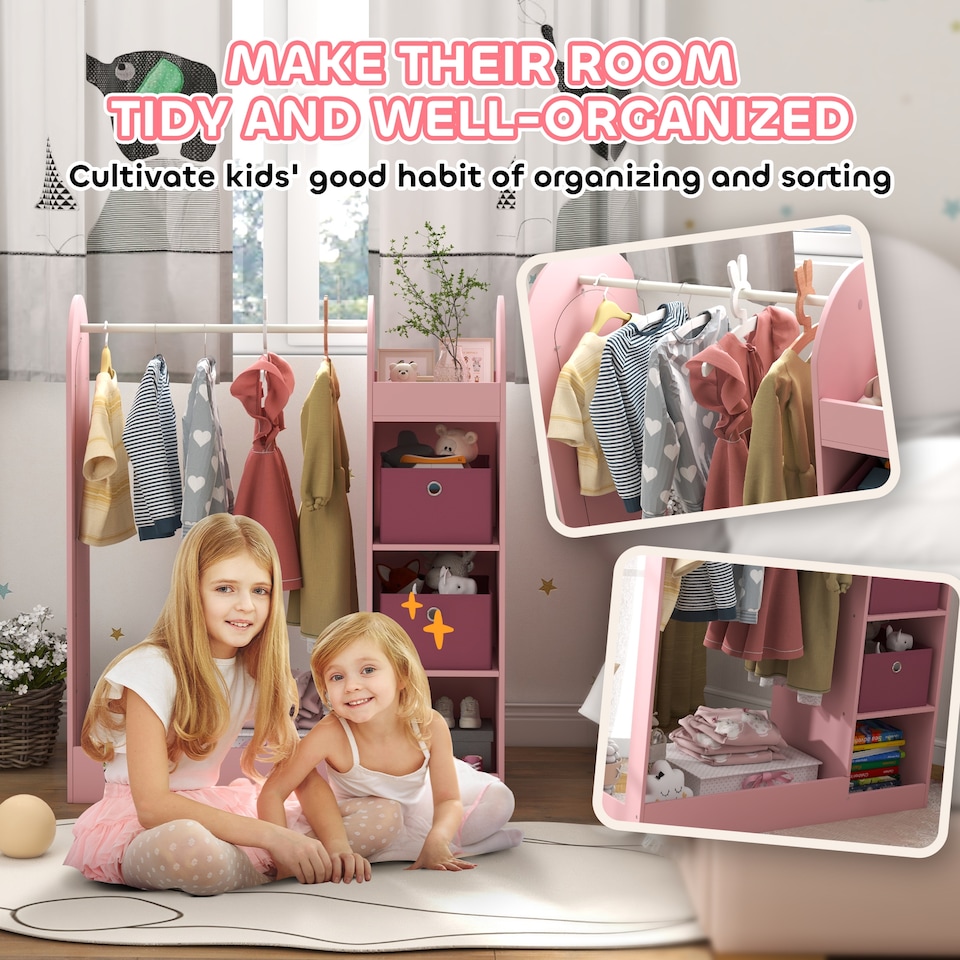 image 1 of AIYAPLAY Kids Clothes Rail with Storage Shelf, Boxes, Mirror | Pink