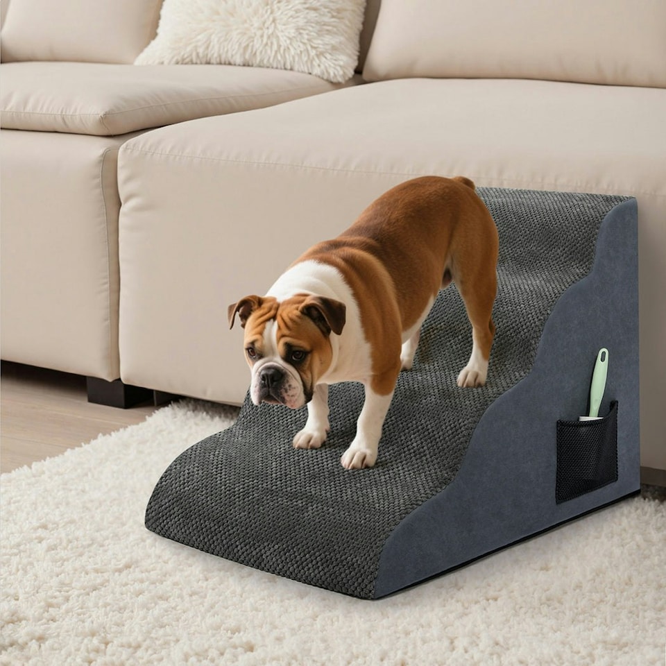 image 1 of Skylos 4-Step Pet Stairs for Bed Sofa Dog Ramp High Density Foam Non-Slip Ladder