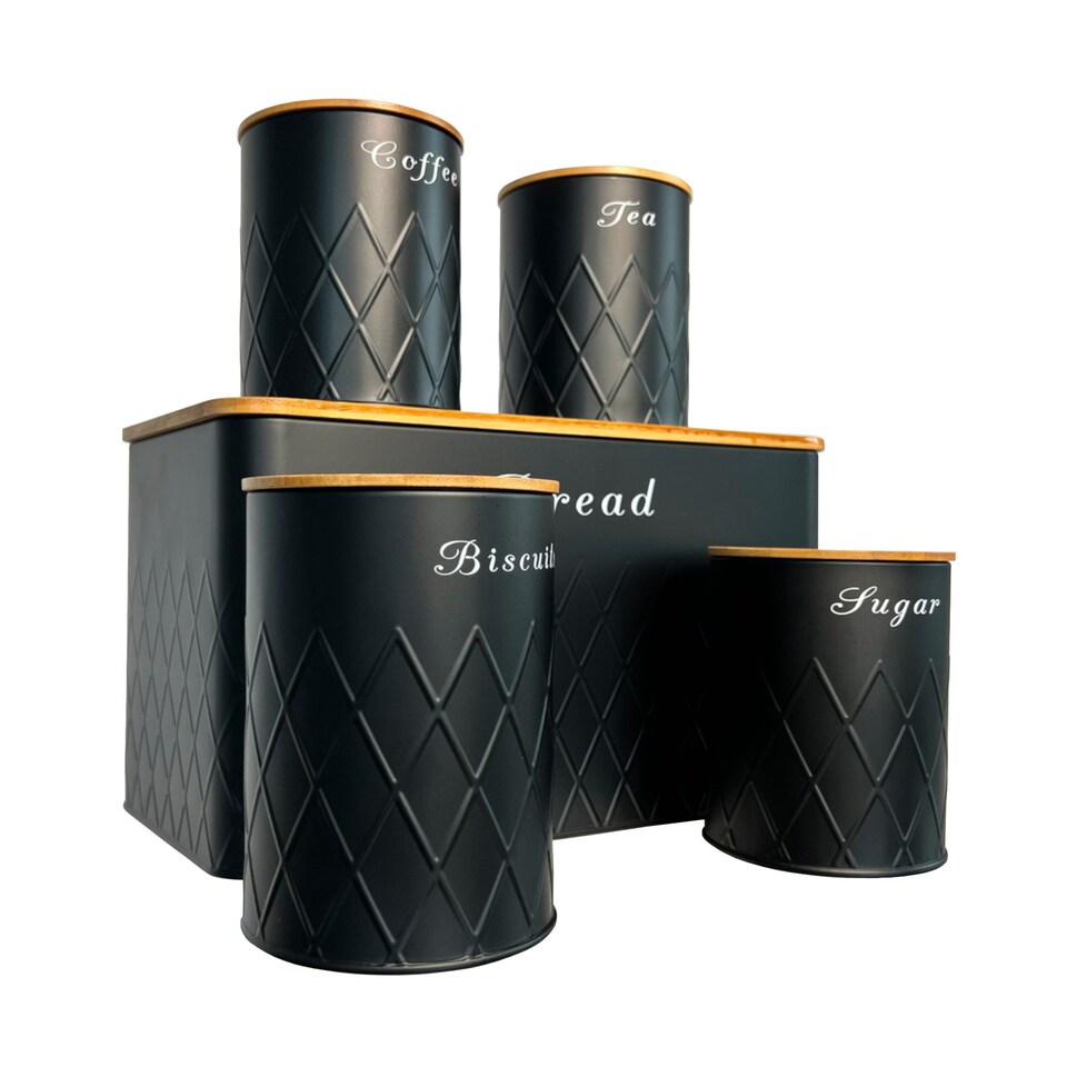 image 1 of 5pc Black Bamboo Lid Kitchen Canister Set Bread Biscuits Tea Sugar Coffee | Black