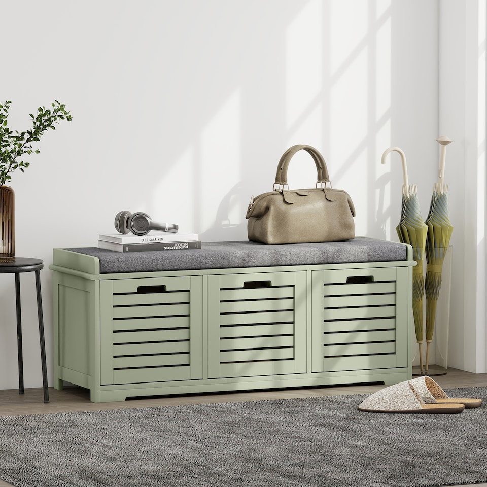 image 1 of HOMCOM Shoe Bench, Linen-look Shoe Storage Bench with 3 Drawers, Removable Seat Cushion and Slatted Doors for Hallway Entryway, Green | Green