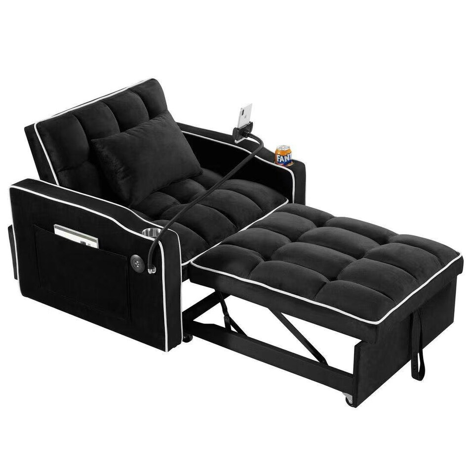 image 1 of 3-in-1 Convertible Sofa Bed Sleeper Chair with Adjustable Backrest, USB Charging & Cup Holder for Small Spaces Grey