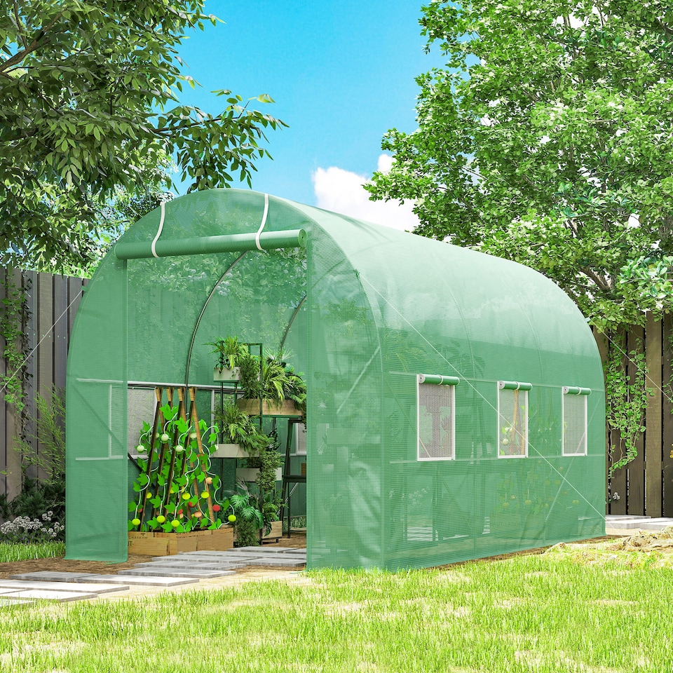 image 1 of Outsunny 3.5 x 2m Walk-In Polytunnel Greenhouse with Roll Up Door Windows Green