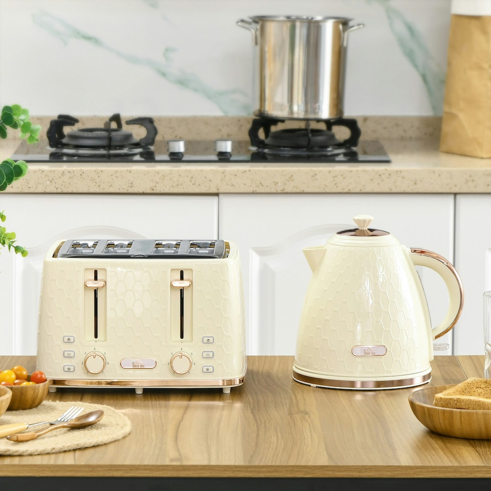 image 1 of HOMCOM 1.7L Kettle and Toaster Set with Defrost Reheat and Crumb Tray Beige