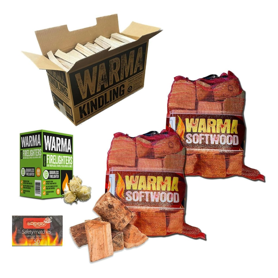 image 1 of Warma Softwood Firewood Logs Bundle - 2 Nets, Kindling, Firelighters & Matches
