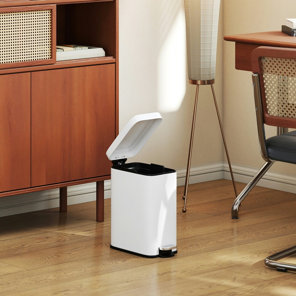 image 1 of HOMCOM 5L Rectangle Compact Bin Steel Body Inner Bucket Quiet-Close Lid w/Pedal | White | 5L | 1