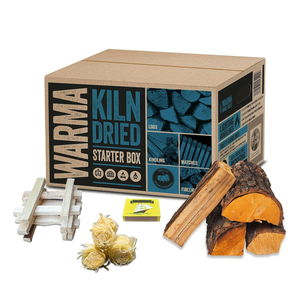 image 1 of Warma Kiln Dried Starter Box - Kiln Dried Logs, Kindling, Eco Wood Wool Firelighters & Matches