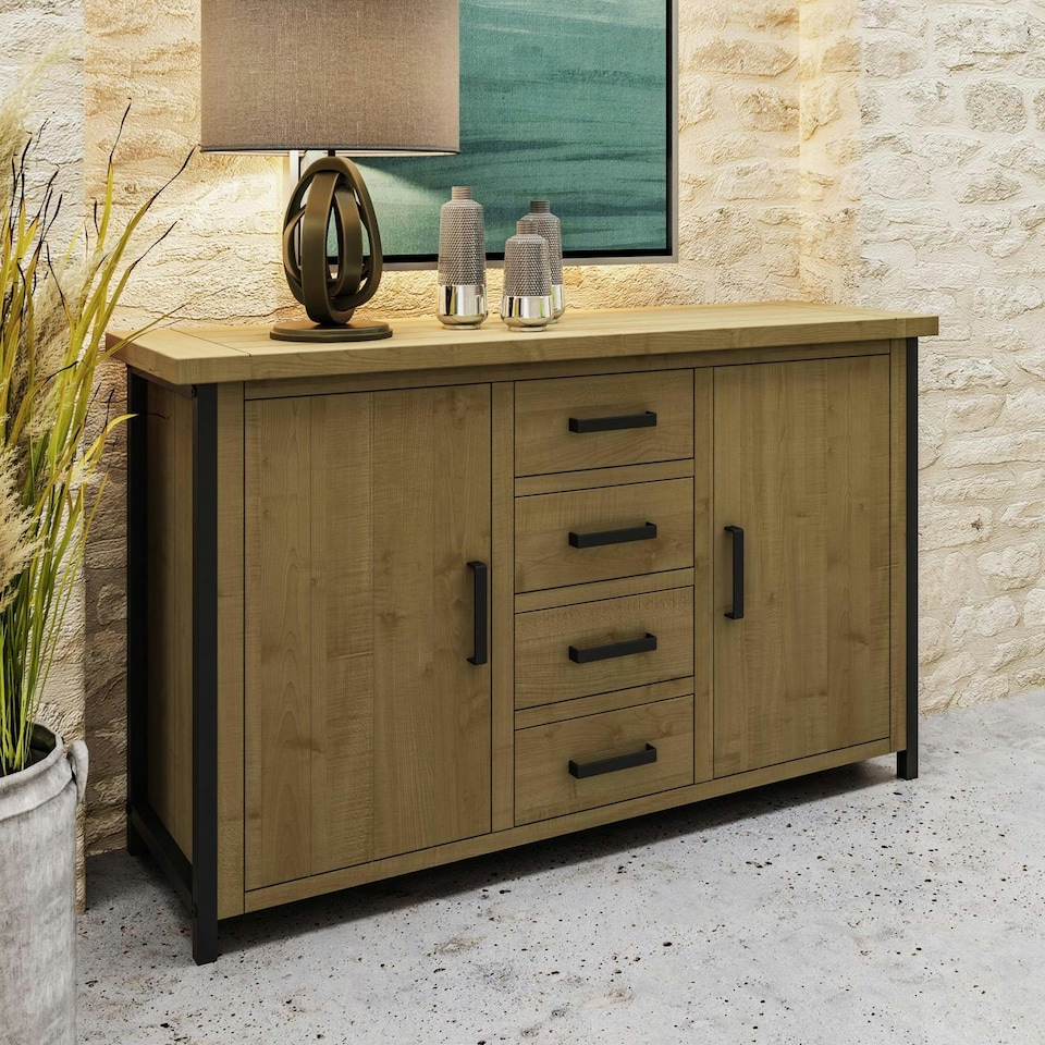 image 1 of Lowry 2 Door 4 Drawer Large Sideboard Driftwood Lacquered Solid Reclaimed Pine Brown