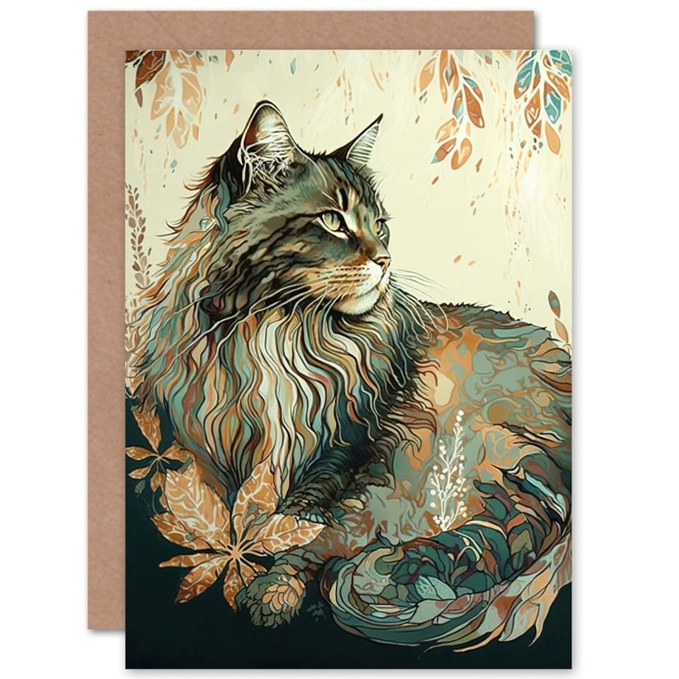 image 1 of Maine Coon Cat Lover Floral Patern Design Animal Greeting Card