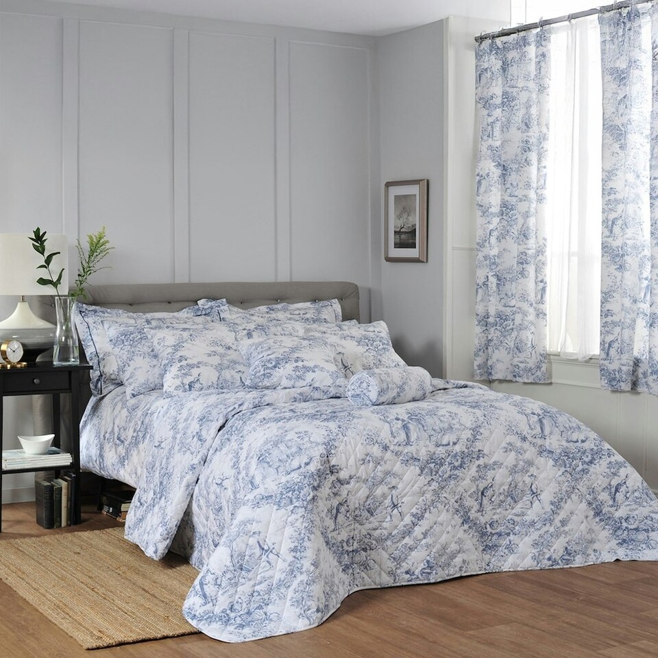 image 1 of Toile De Jouy Decorative Pink or Blue Elegant Curtains, 137cm and 183cm, 100% Cotton Blue | 137cm width x 168cm drop