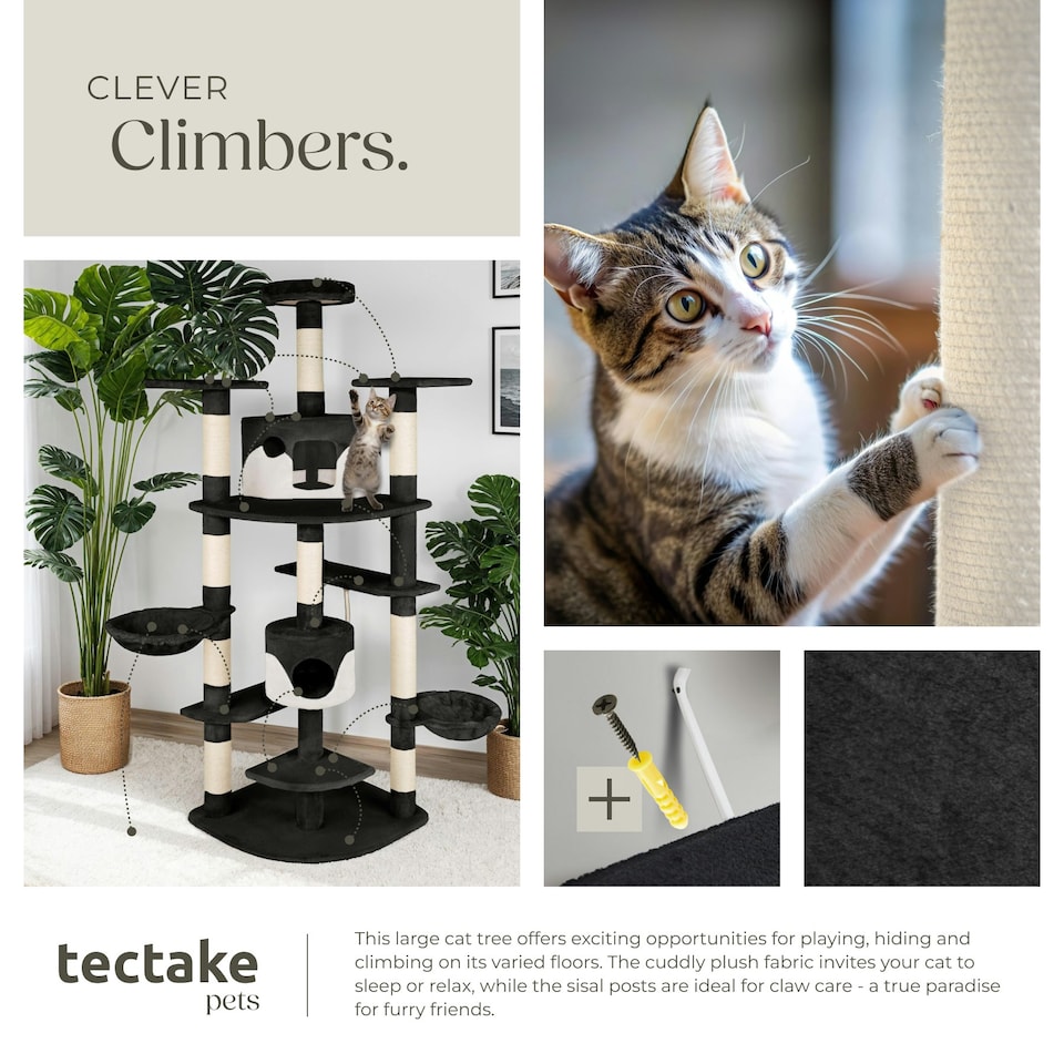 image 1 of Cat Tree Fippi - 201 cm tall, sisal cat scratching post, toy & anti-tip bracket - Black/White