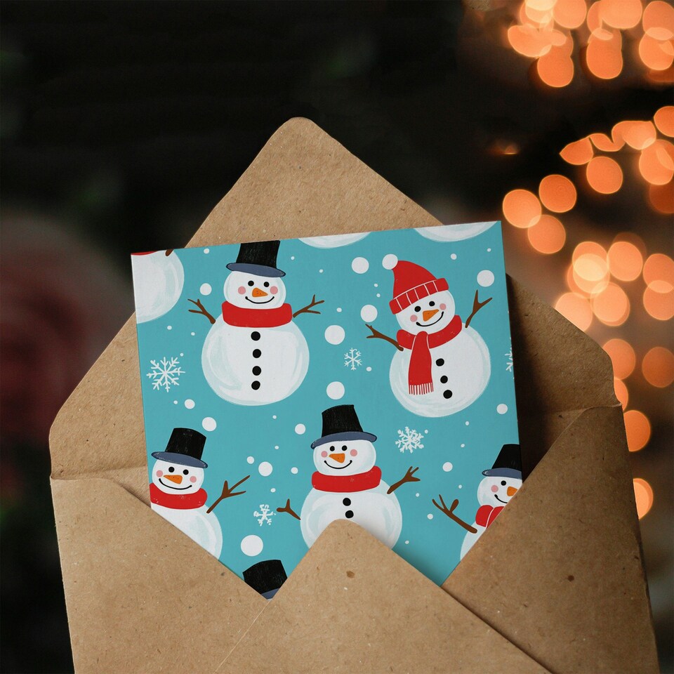 image 1 of Cute Snowman and Snowflake Pattern Blue Blank For Him Or Her Art Xmas Festive Christmas Card