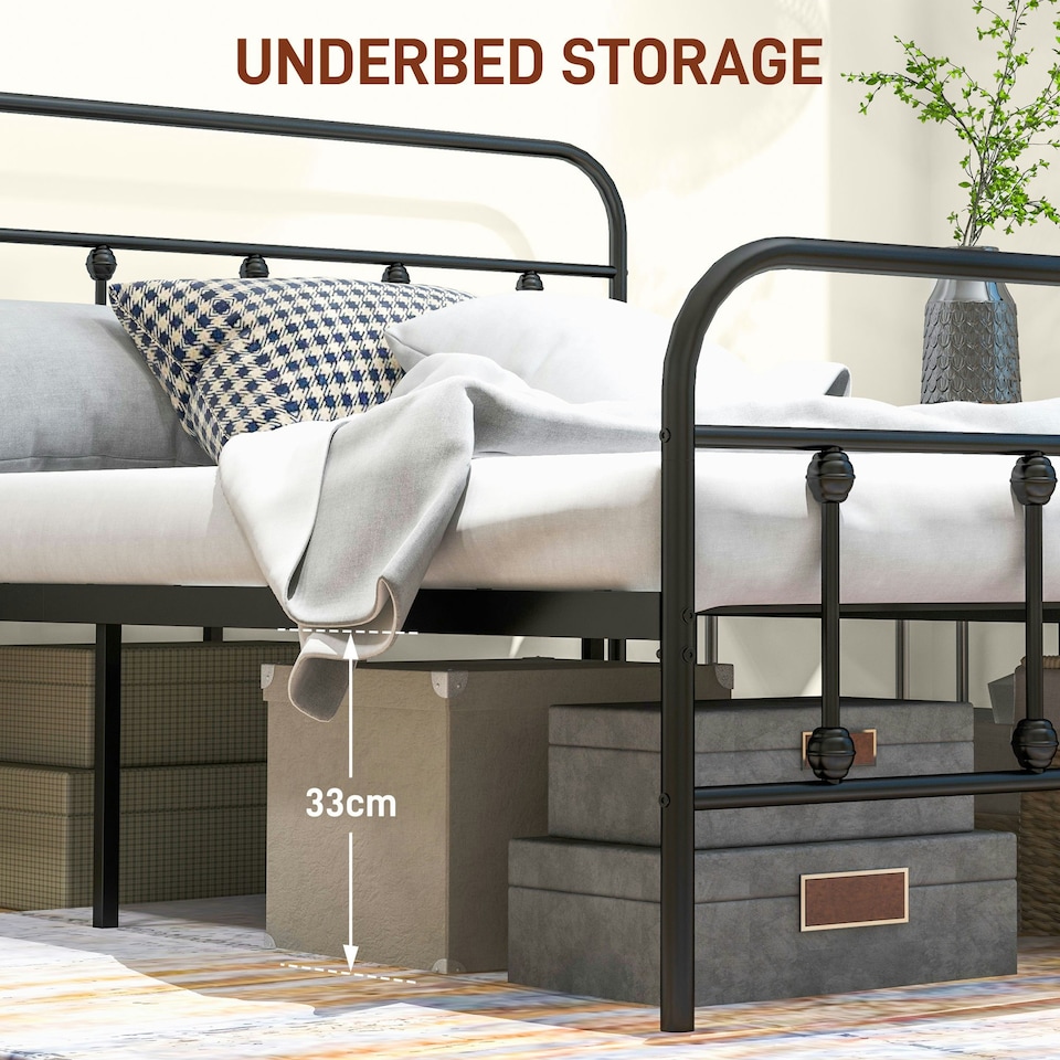 image 1 of HOMCOM 5ft Metal King Platform Bed Frame w/ Underbed Storage Headboard Black