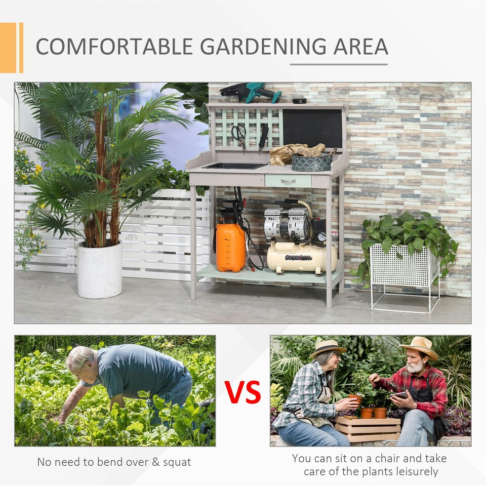 image 1 of HOMCOM Outdoor Potting Table Bench Workstation with Wood Planting Shelves Grey
