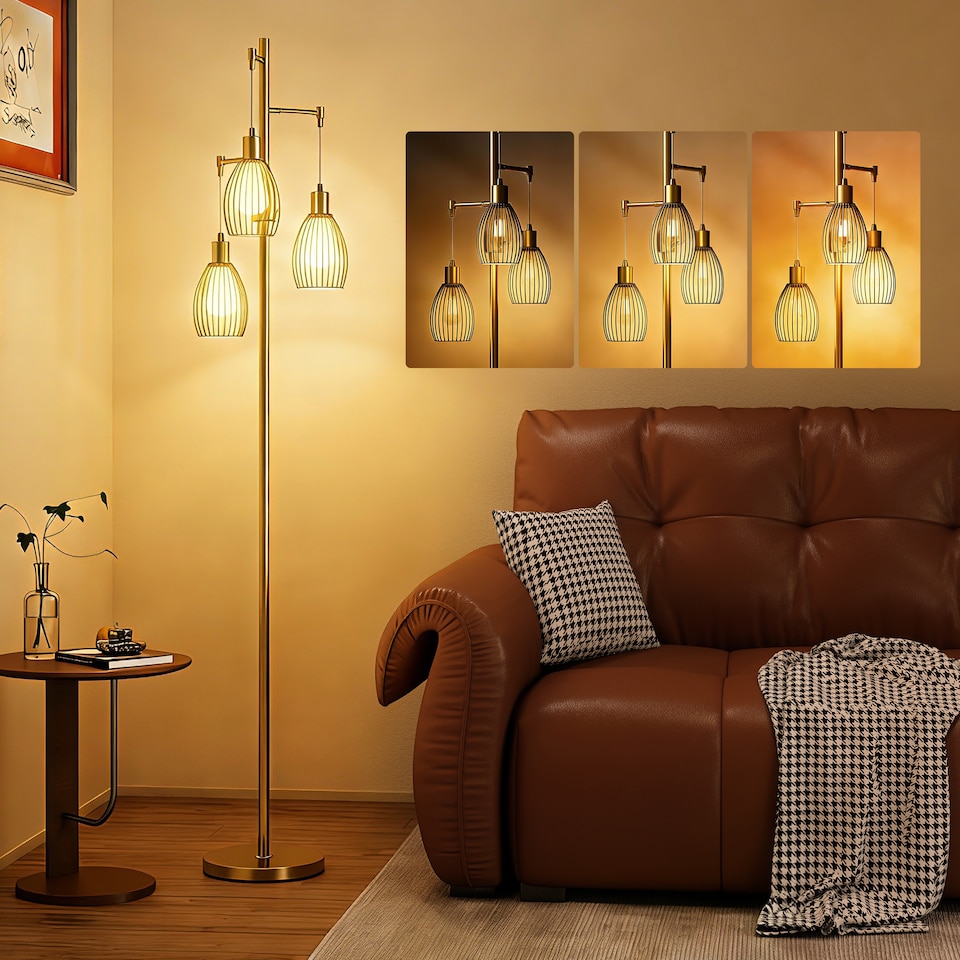 image 1 of HOMCOM 3-Light Floor Lamp, 170cm Industrial Dimmable Standing Lamp with Steel Wire Cage Lampshades for Living Room, Bedroom, Dining Room, Study, Bulb Not Included, Gold Tone | Gold