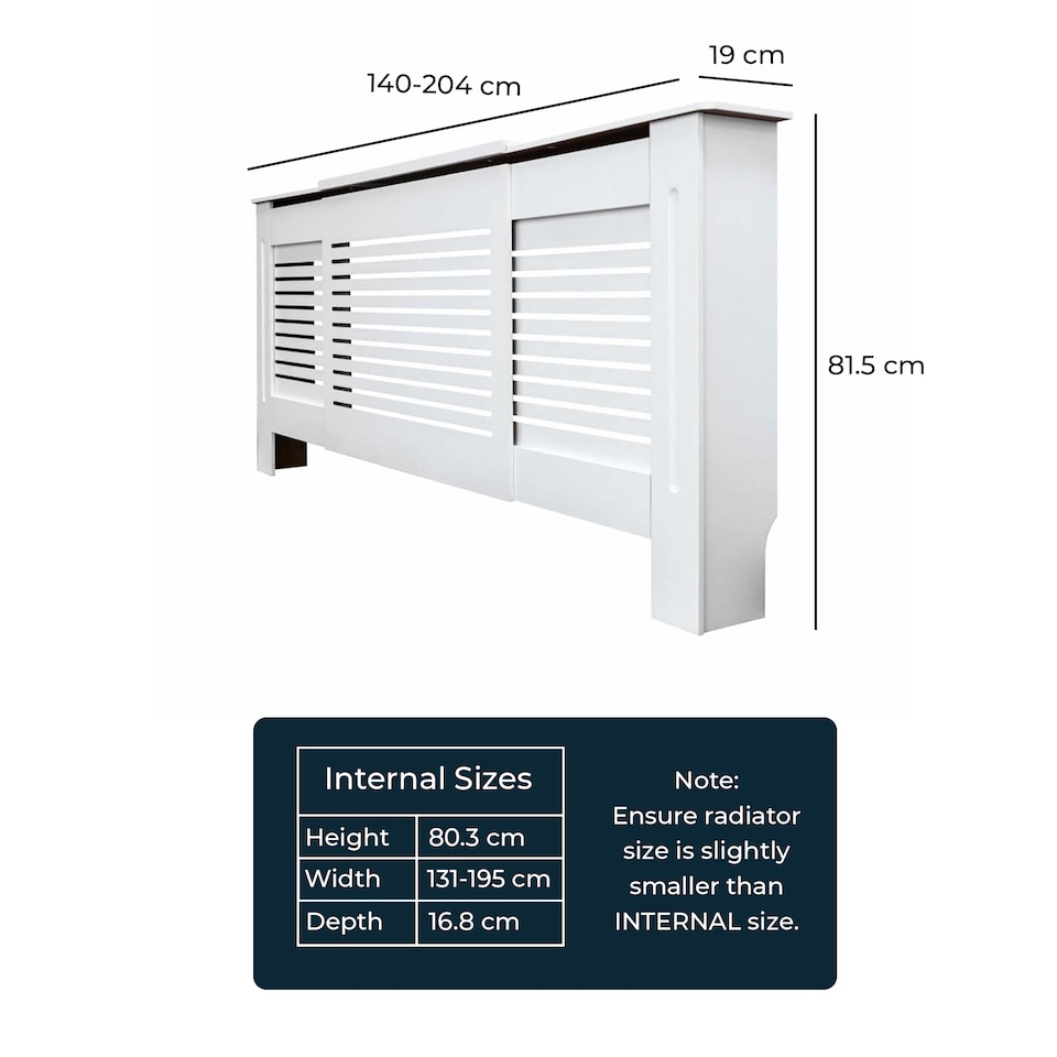 image 1 of JSH Radiator Cover White Horizontal Slat Wood MDF - Adjustable - 140-204cm (W) x 81.5cm (H) x 19cm (D) | White