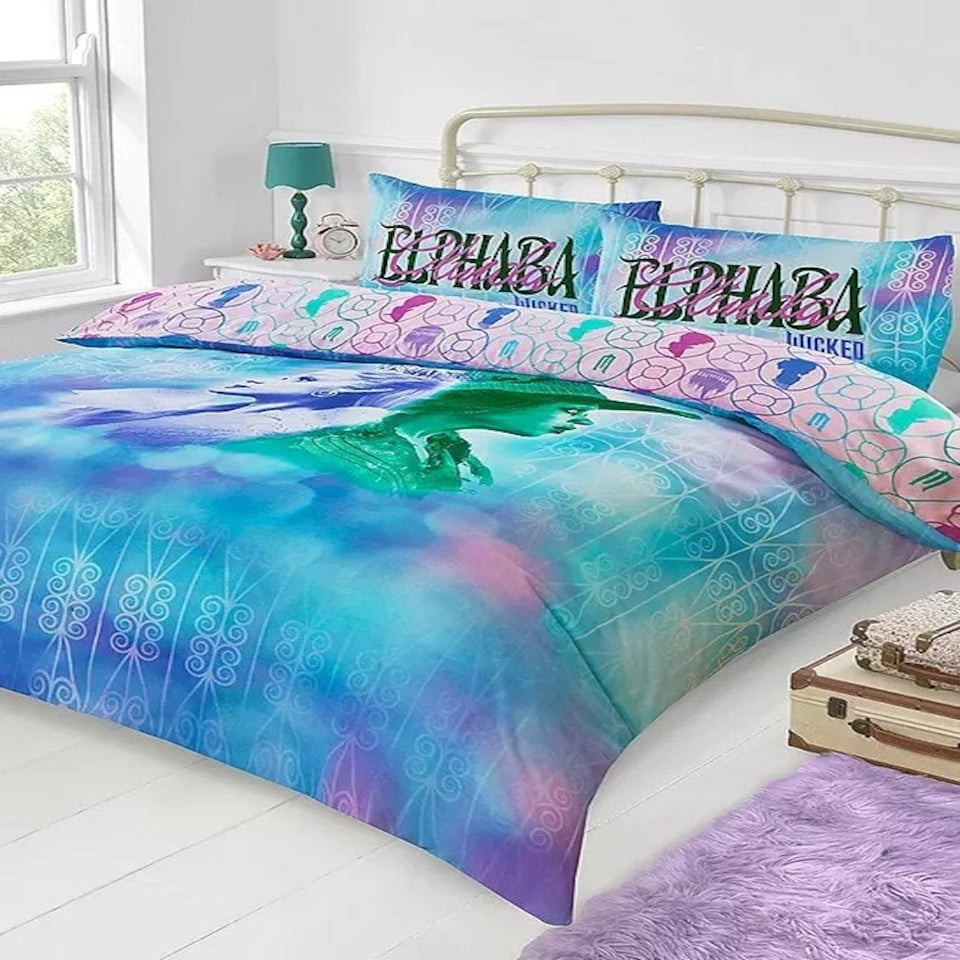 image 1 of Wicked Glenda & Elphaba Reversible 2 in 1 Design Double Duvet Cover and Pillowcase Set - Wicked For Good Blue | green, pink | Double