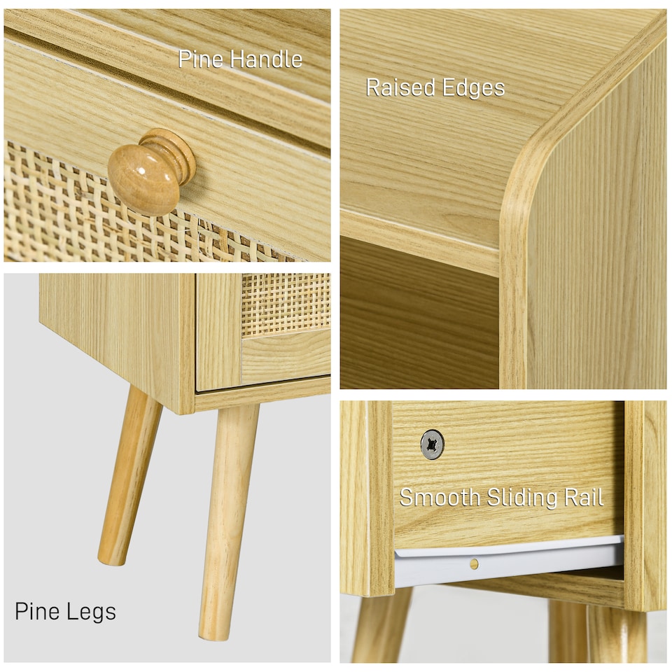 image 1 of HOMCOM Bedside Tables Set of 2, Boho Styled Nightstand with Drawer, Storage Compartment and Rattan Accent, Side End Table for Bedroom, 40 x 30 x 60cm, Natural Wood Finish