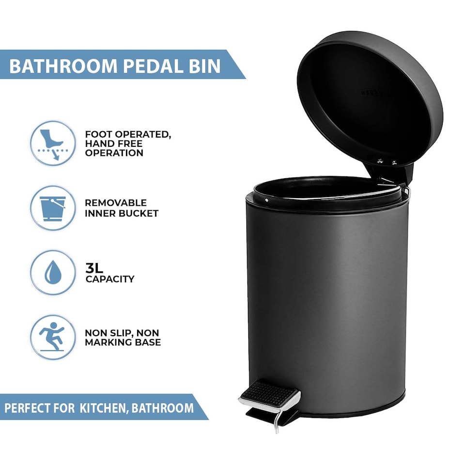 image 1 of Small Stainless Steel 3 Ltr Pedal Bin Kitchen Bathroom Toilet Rubbish, Black