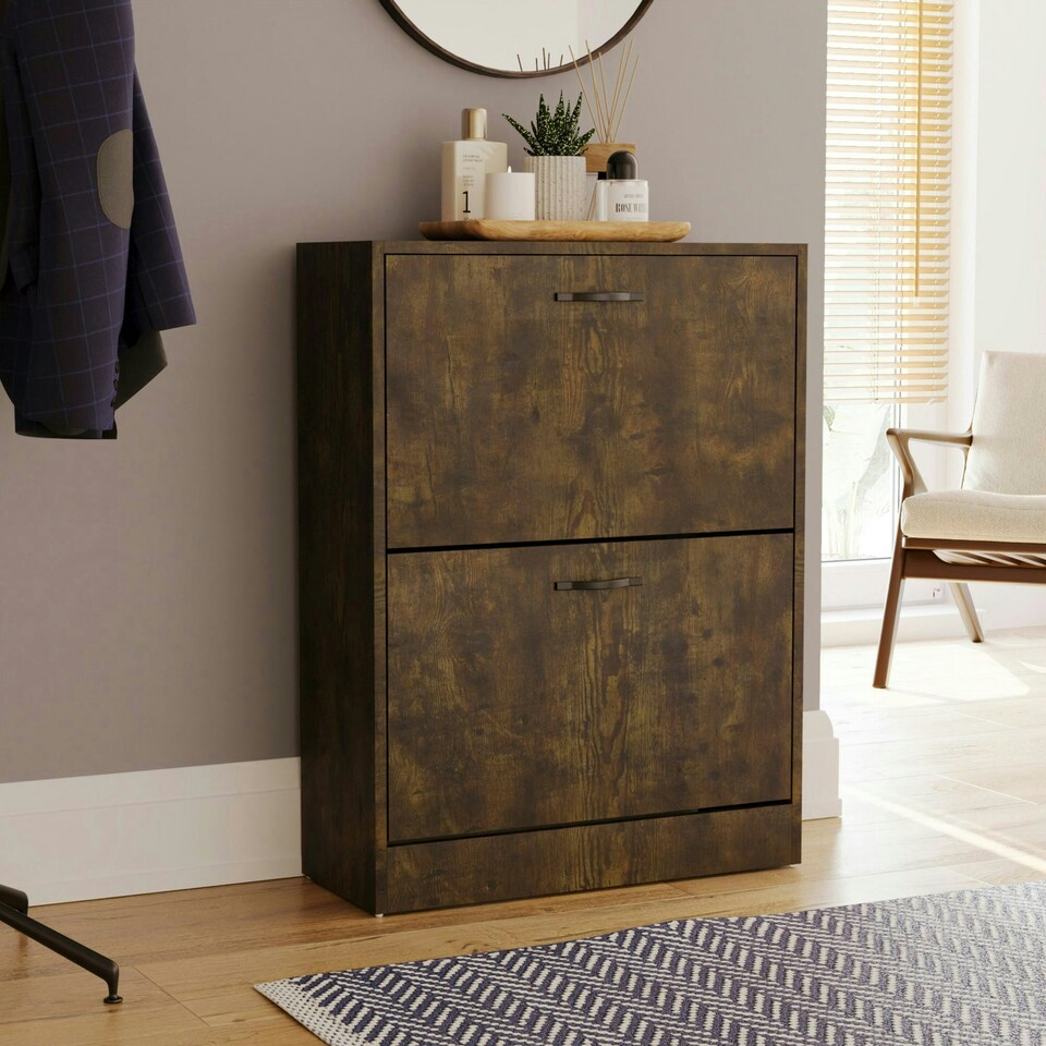 image 1 of Vida Designs 2 Drawer Shoe Cabinet Shoe Rack Storage Cupboard, Dark Wood