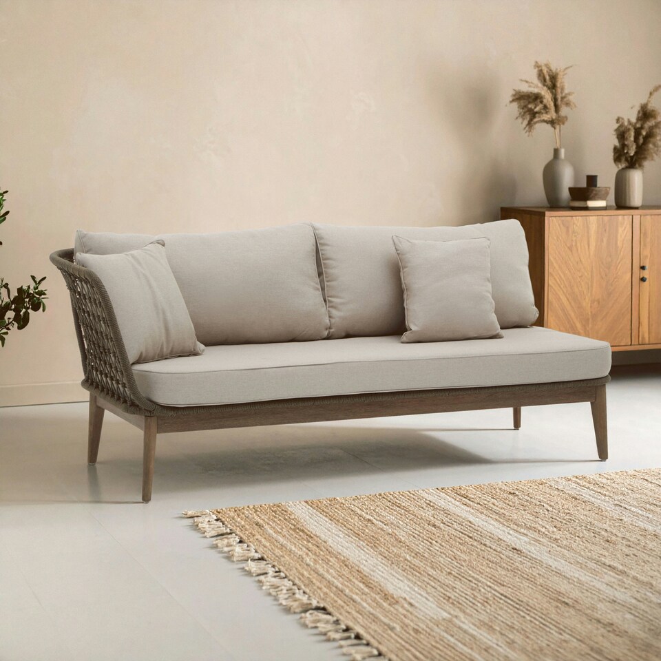 image 1 of Interiors by Premier Rattan Chaise Lounge, Wooden Airy Chaise Lounge for Living Room, Bedroom, Lounger with Grey Cushioning Cream