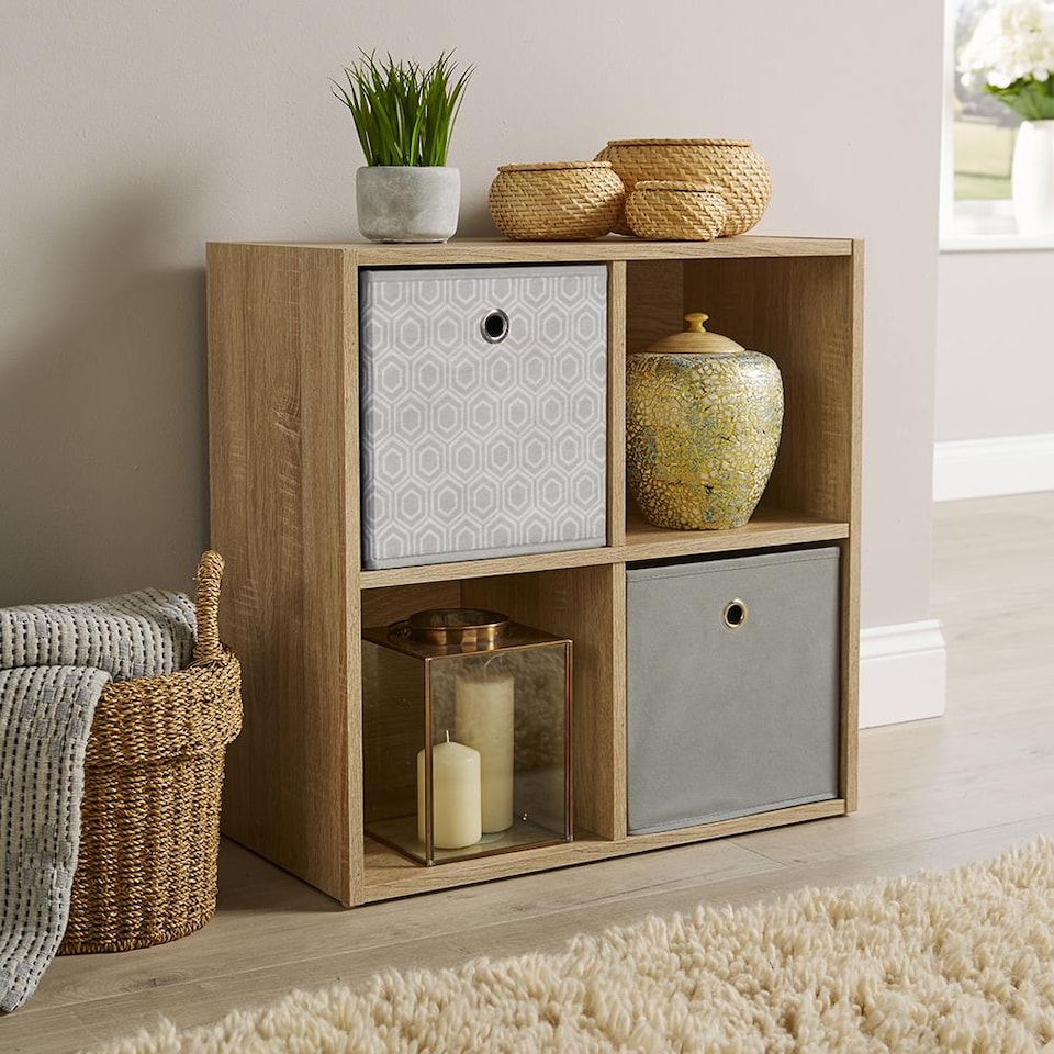 image 1 of Storage Cube 4 Shelf Bookcase Wooden Display Unit Organiser Home | Brown | Oak
