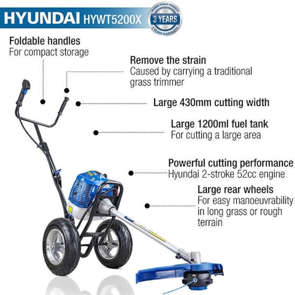 image 1 of Hyundai 52cc Petrol Wheeled Grass Trimmer 43cm Cutting Width Large Wheels HYWT5200X