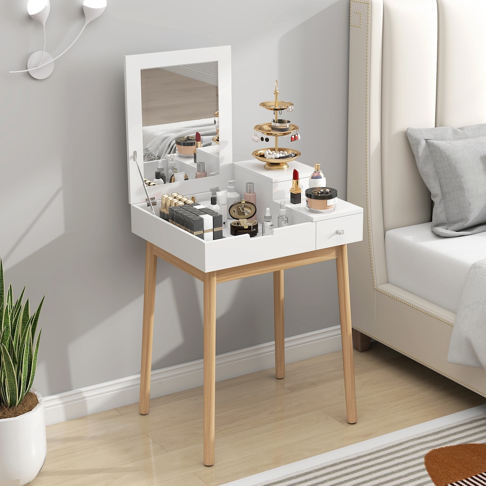 image 1 of HOMCOM Dressing Table with Flip-up Mirror, Makeup Desk with 2 Drawers and Pine Wood Legs, Vanity Table Writing Desk for Bedroom Living Room, White