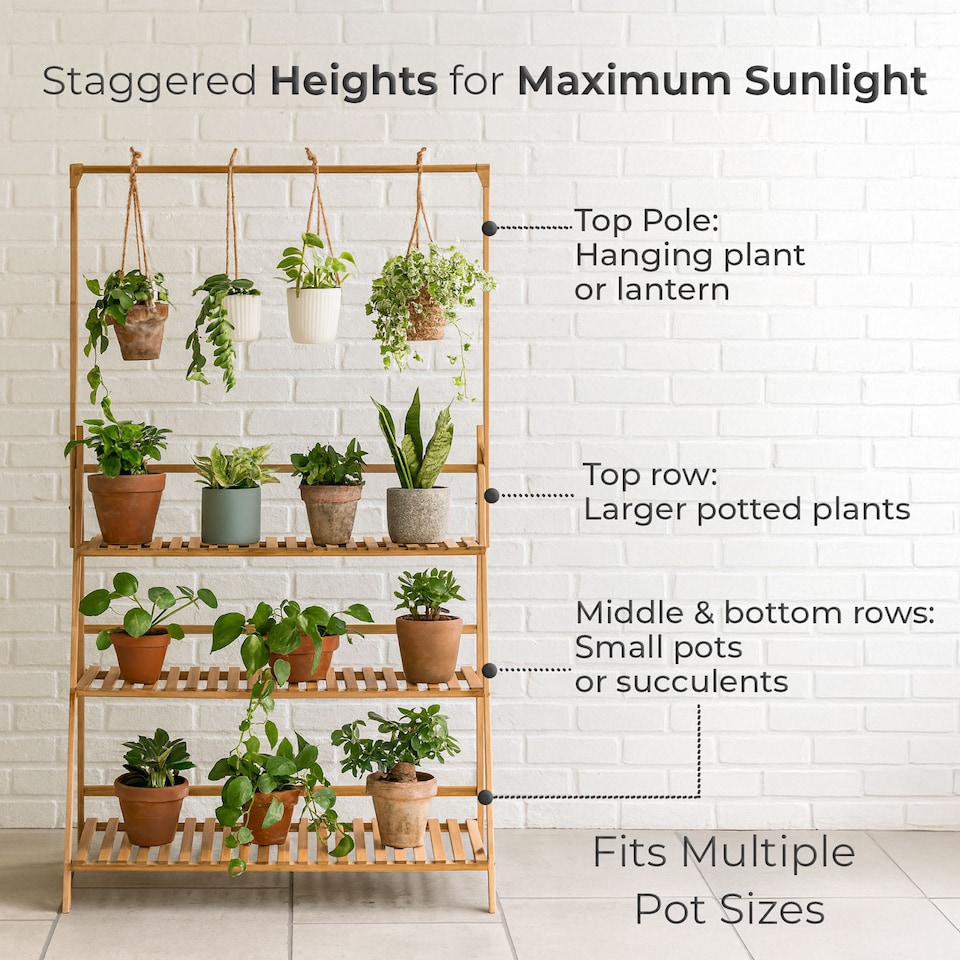 image 1 of Neo 3‑Tier Foldable Indoor & Outdoor Bamboo Plant Stand with Hanging Hook