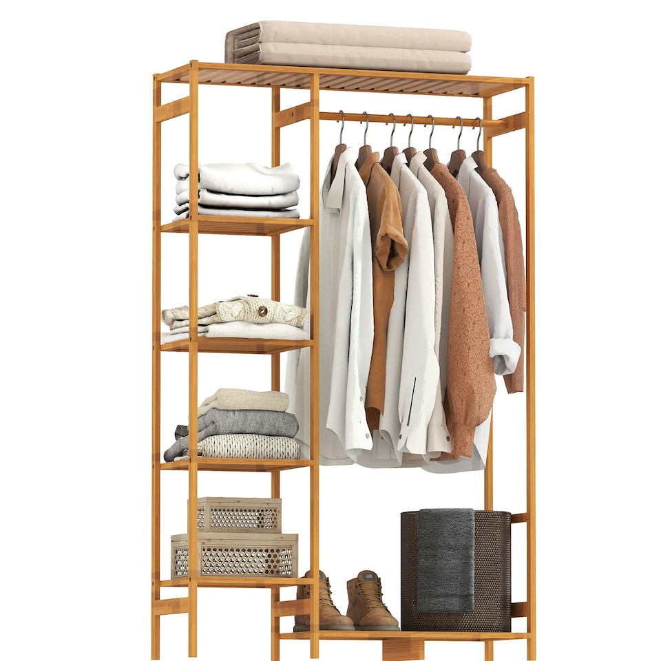 image 1 of HOMCOM Bamboo Clothes Rail Garment Rack with 6 Tier Storage Shelf Hanging Rod