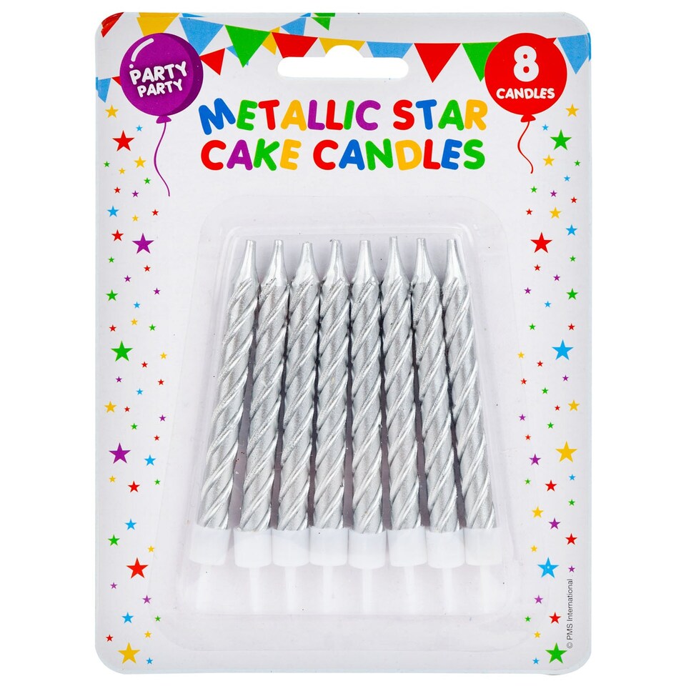 image 1 of PMS 8-Pack Metallic Silver Birthday Cake Candles 75mm