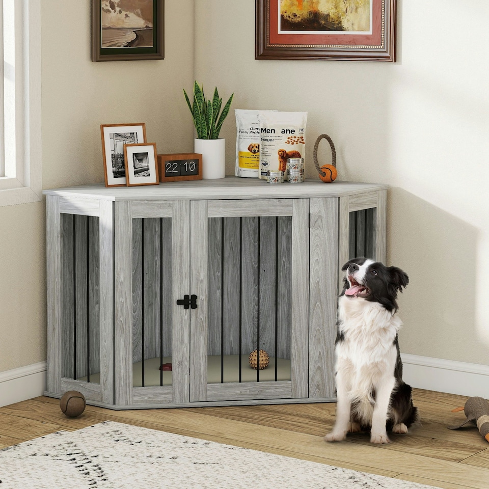 image 1 of PawHut Dog Crate Furniture for Large Dogs w/ Cushion, Door - Grey