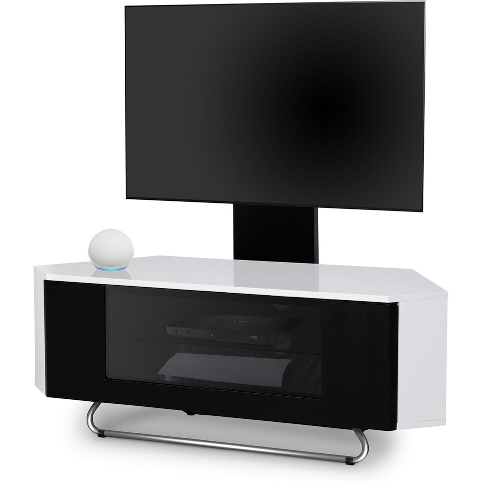 image 1 of Centurion Supports Hampshire Corner-Friendly Gloss White with Black Contrast Beam-Thru Remote Friendly Door 26"-50" Flat Screen TV Cabinet with Mounting Arm White