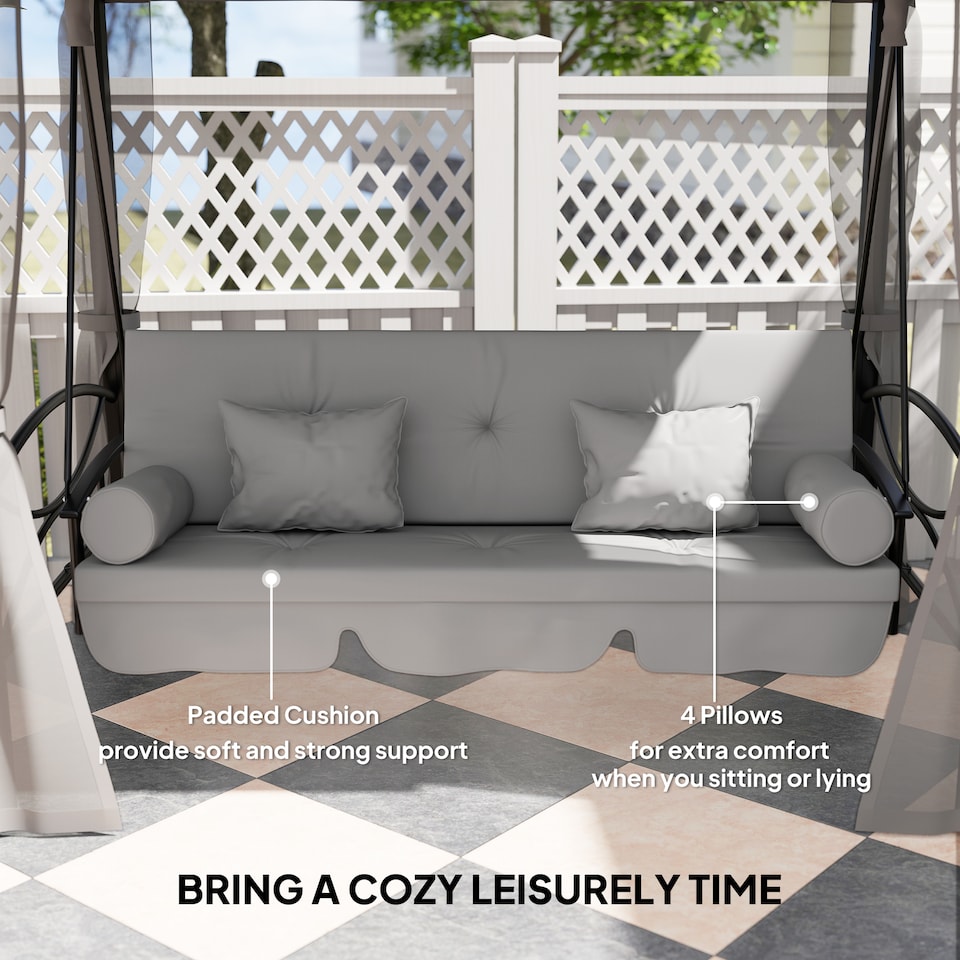 image 1 of Outsunny 3 Seater Convertible Swing Chair, Outdoor Gazebo Swing Seat Bed with Double Tier Canopy, Cushioned Seat, Mesh Sidewalls and Curtains, Light Grey