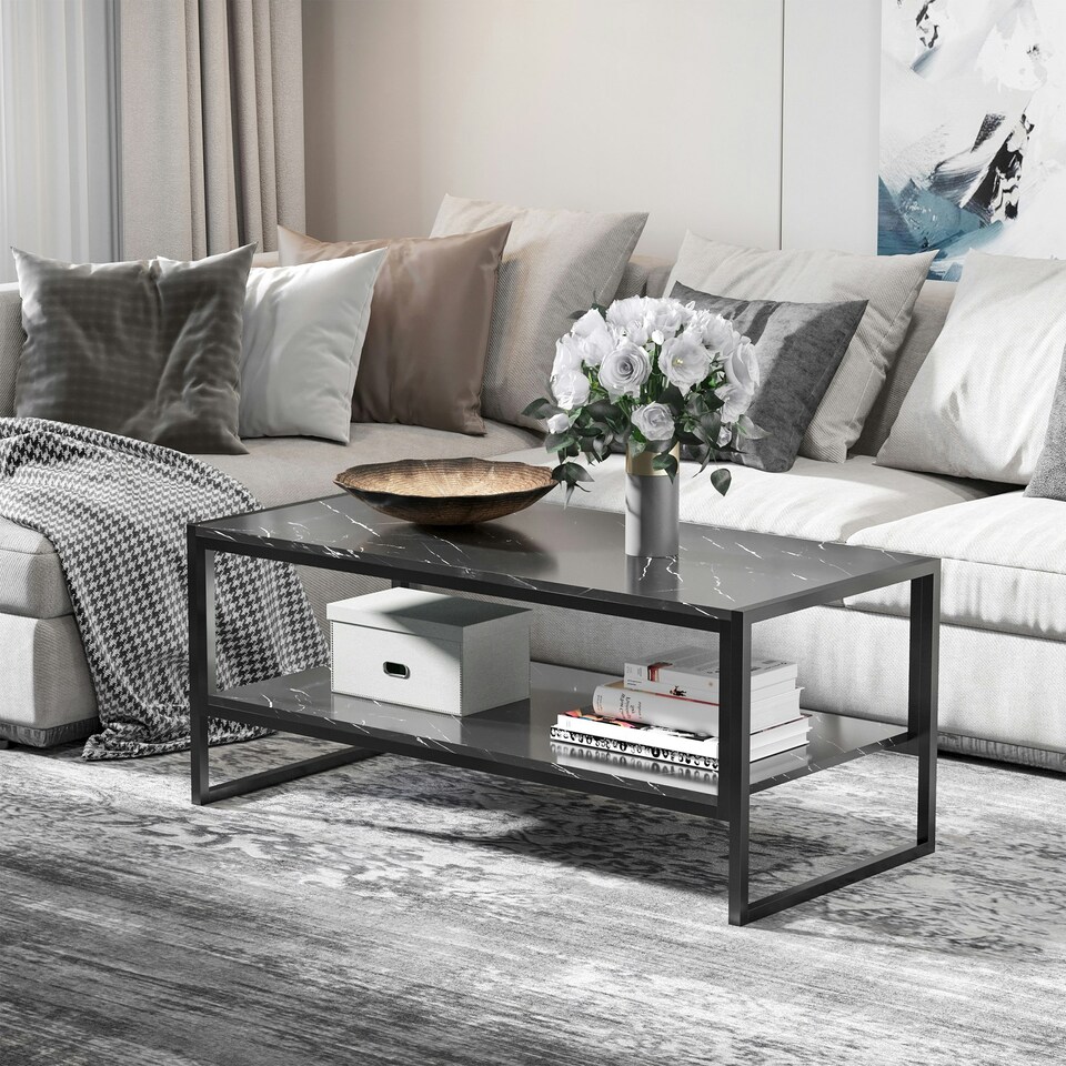 image 1 of HOMCOM Two-Tier Coffee Table Marble Effect Shelf Metal Frame Black Black