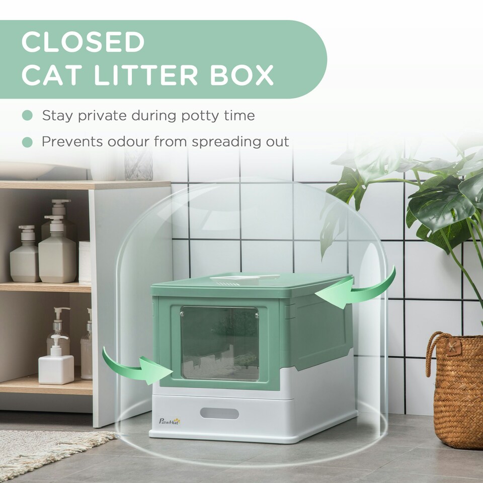 image 1 of PawHut Hooded Cat Litter Box, Pet Toilet w/ Scoop, Tray - Green