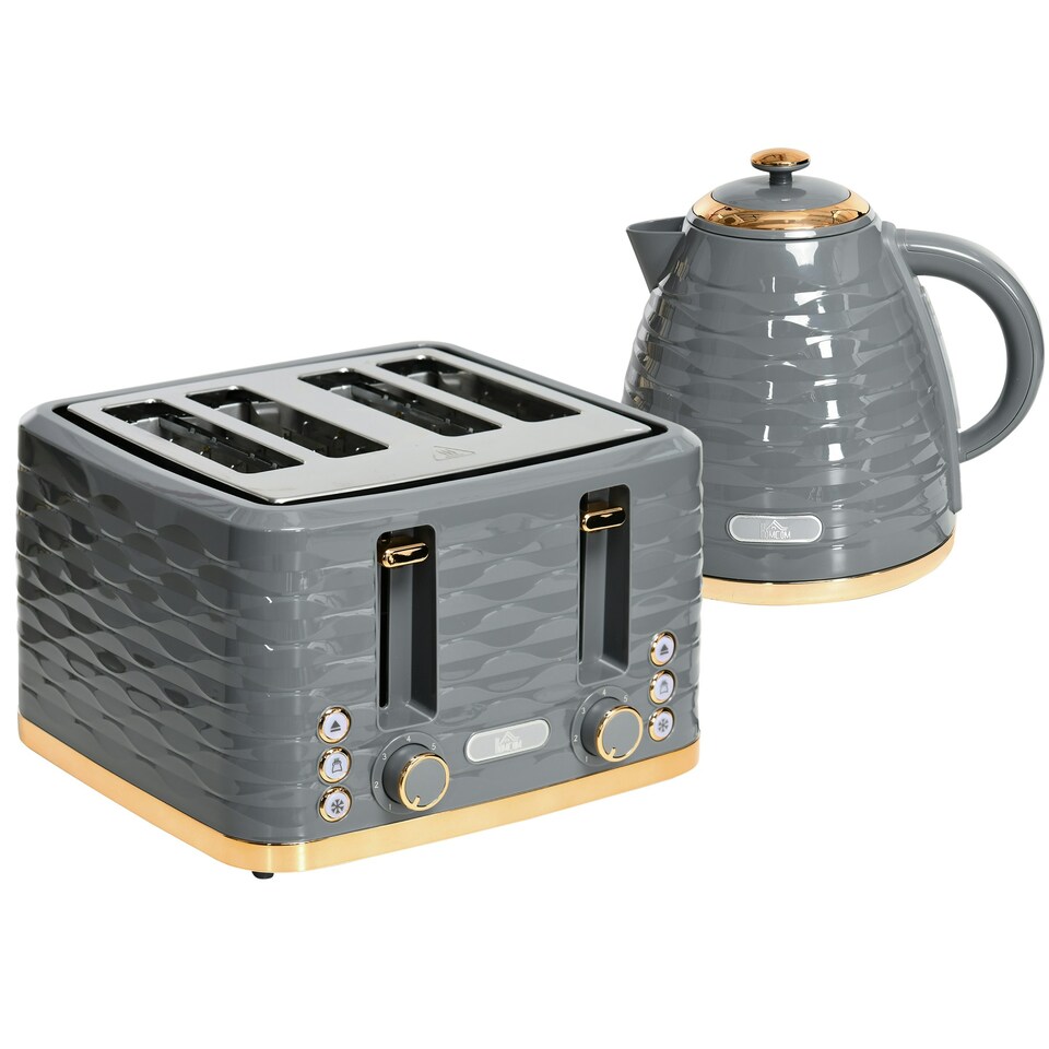 image 1 of HOMCOM Toaster with 4 Slot, 7 Browning Levels, 1600W, Grey Ripple Grey | Rose gold accents | 29.2L x 27.5W x 18.9Hcm