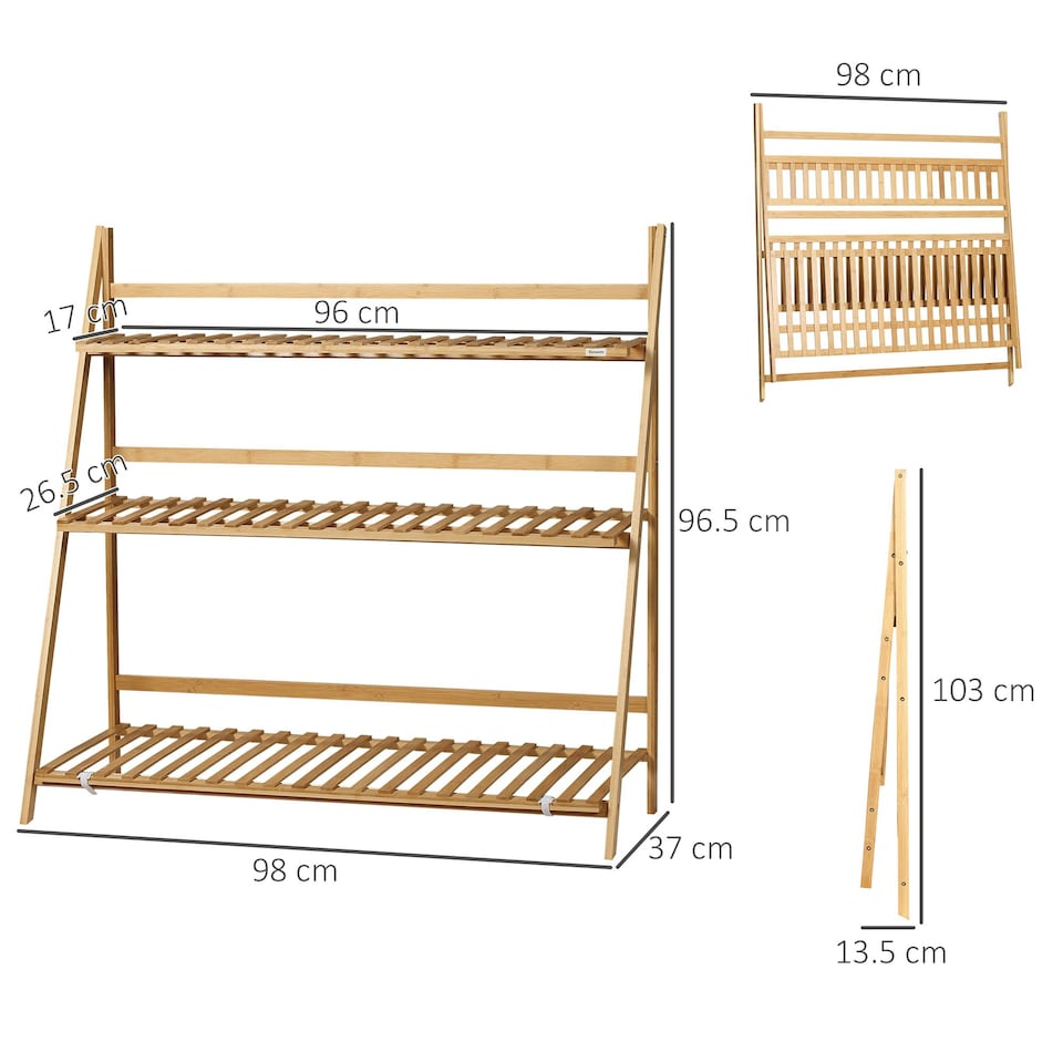 image 1 of Outsunny 3-Tier Folding Bamboo Plant Stand Display Rack Indoor Outdoor