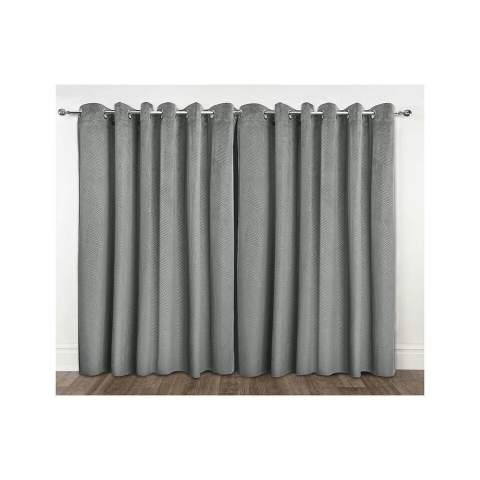image 1 of Deco Lined Eyelet Geometric Curtains 168cm x 137cm Silver