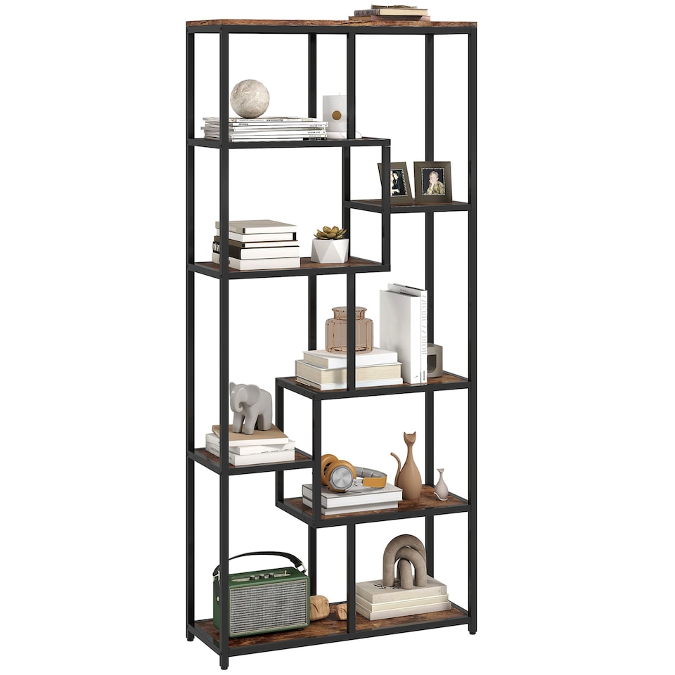 image 1 of HOMCOM 7-Tier Bookshelf, Geometric Bookcase, Industrial Floor Standing Book Shelf, Open Display Shelving Unit for Living Room, Home Office and Bedroom, Rustic Brown and Black | Brown