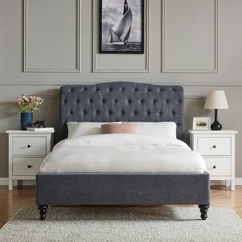 image 1 of 3ft Single Fabric upholstered, dark grey,buttoned back,curved bed frame,bedstead