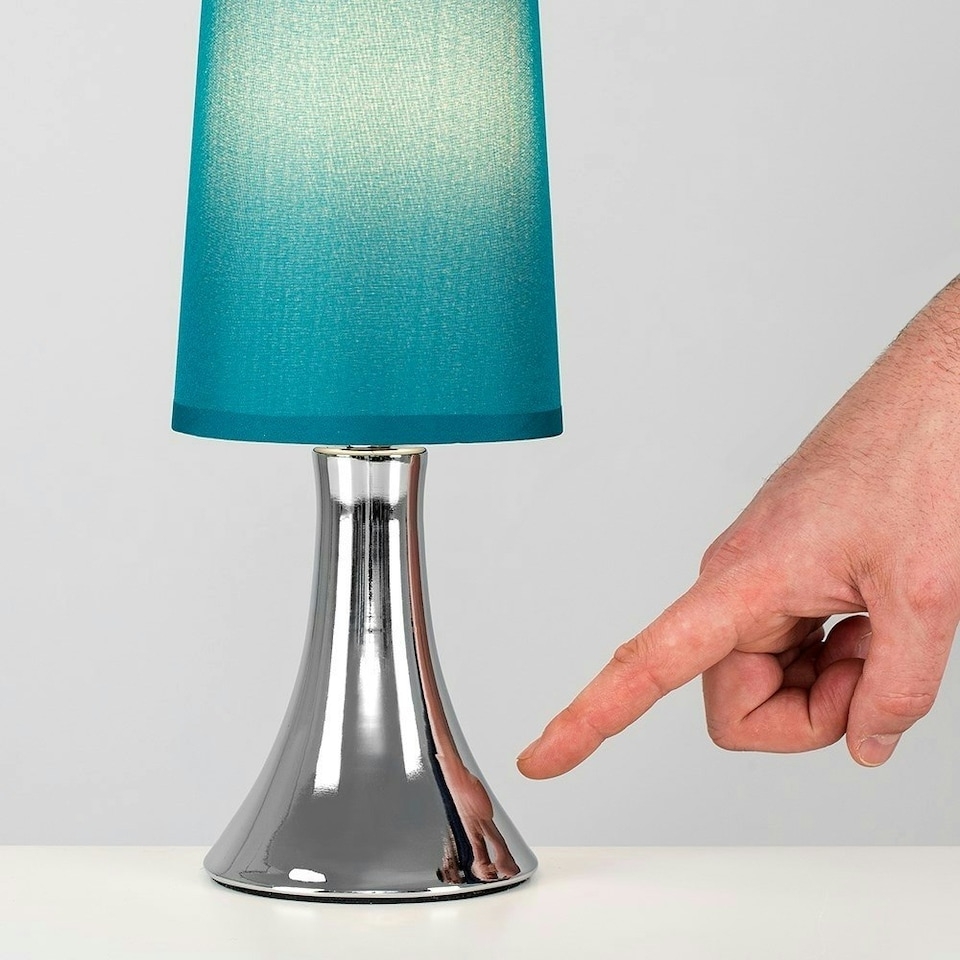 image 1 of ValueLights Modern Chrome Trumpet Touch Table Lamp With Turquoise Teal Fabric Shade