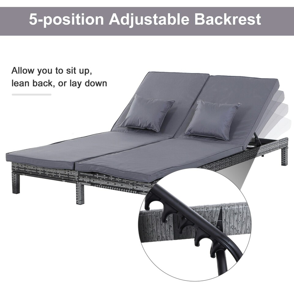 image 1 of Outsunny 2 Person Rattan Lounger Adjustable Double Chaise Chair w/ Cushion Grey
