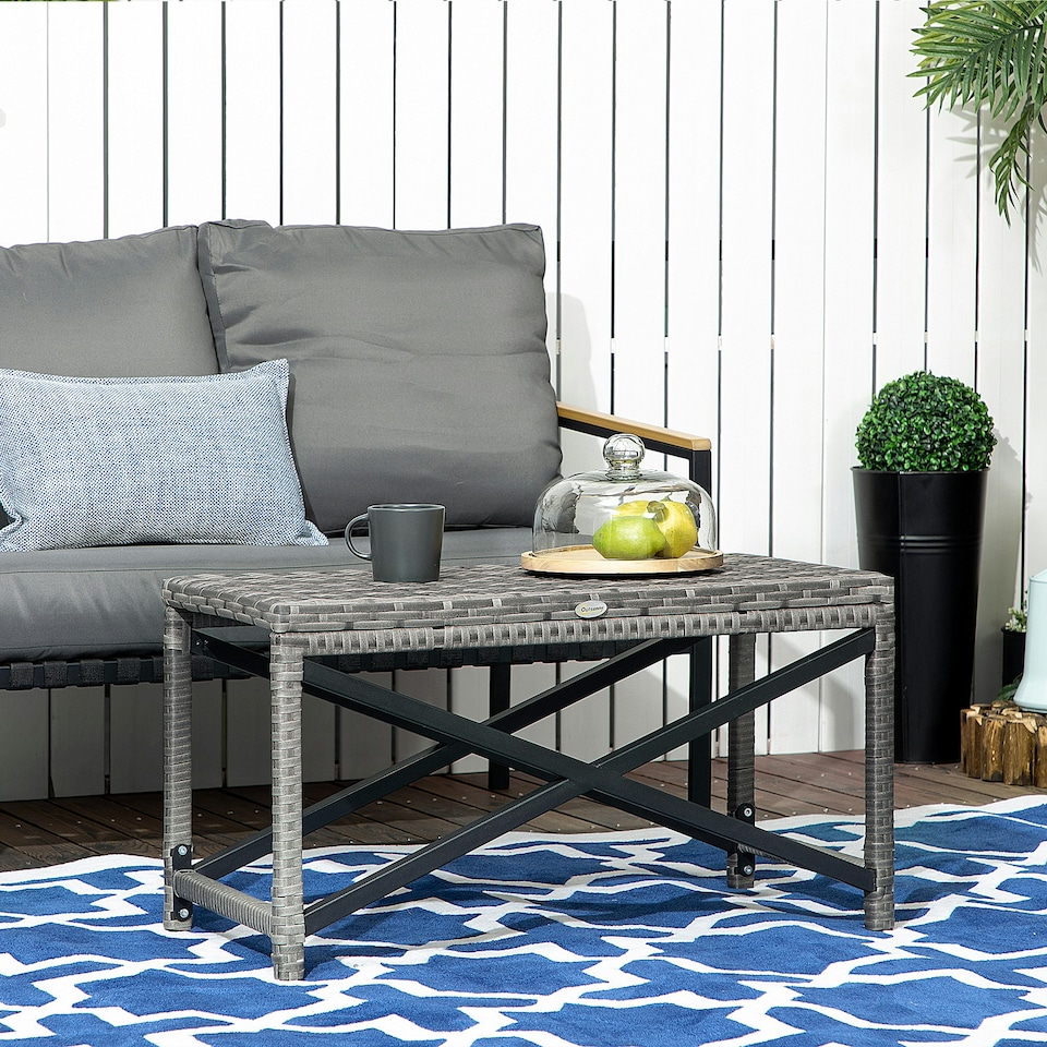 image 1 of Outsunny PE Wicker Outdoor Coffee Table, Rattan Side Table with Board