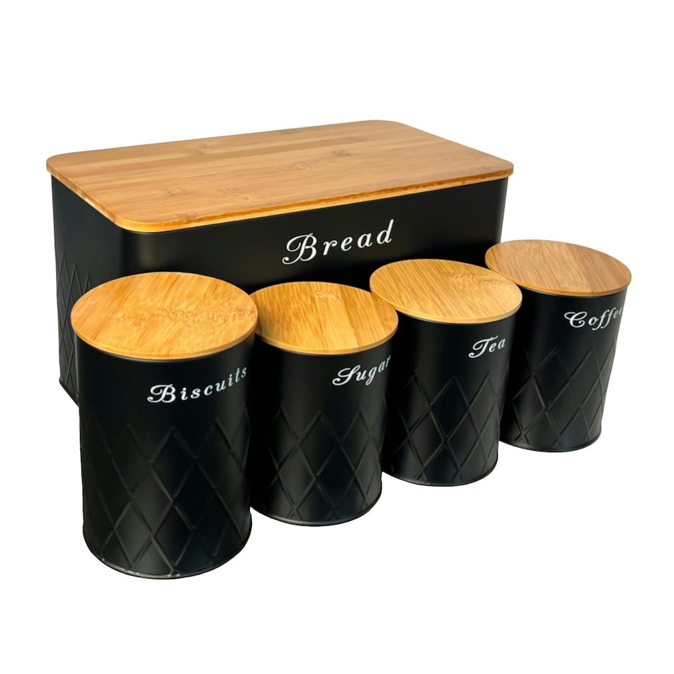 image 1 of Oypla 5pc Black Bamboo Lid Kitchen Canister Storage Tin Set Bread Biscuits Tea Sugar Coffee Black
